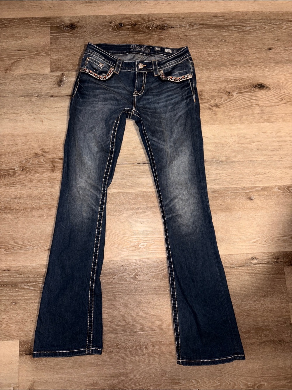 Miss Me Medium Dark Blue Boot Cut Jeans with Embellished Pockets